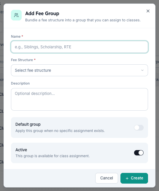 Add Fee Group dialog in Inkwelly with Name field, Fee Structure dropdown, default and active switches
