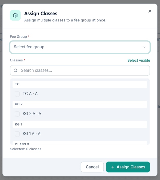 Assign Classes dialog in Inkwelly with Fee Group dropdown and grade-grouped class checklist