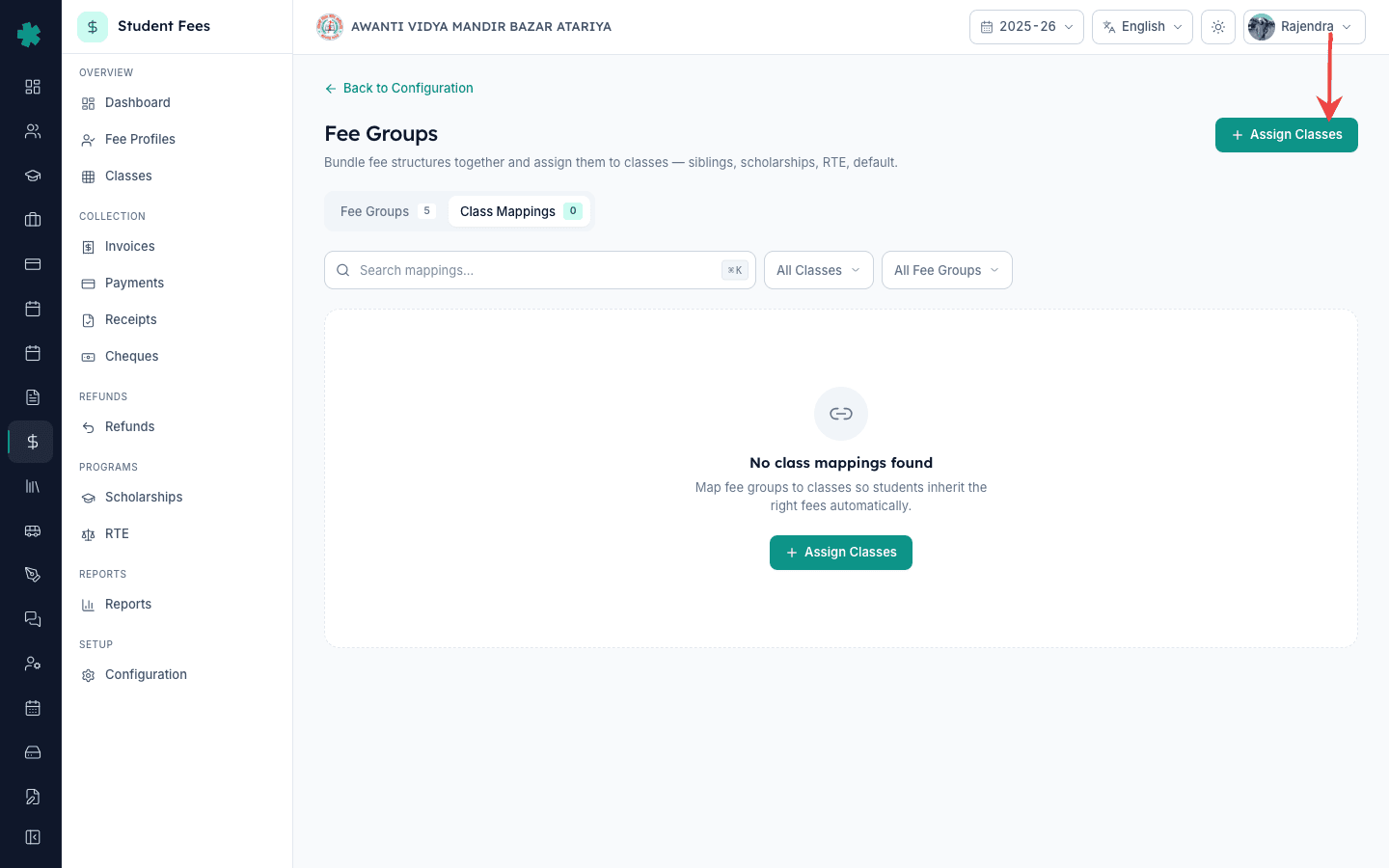 Class Mappings tab on Inkwelly Fee Groups page with the Assign Classes button on top right
