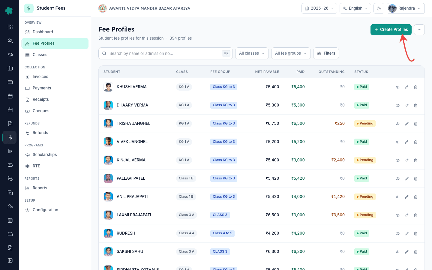 Inkwelly Fee Profiles list with the Create Profiles button highlighted on the top right