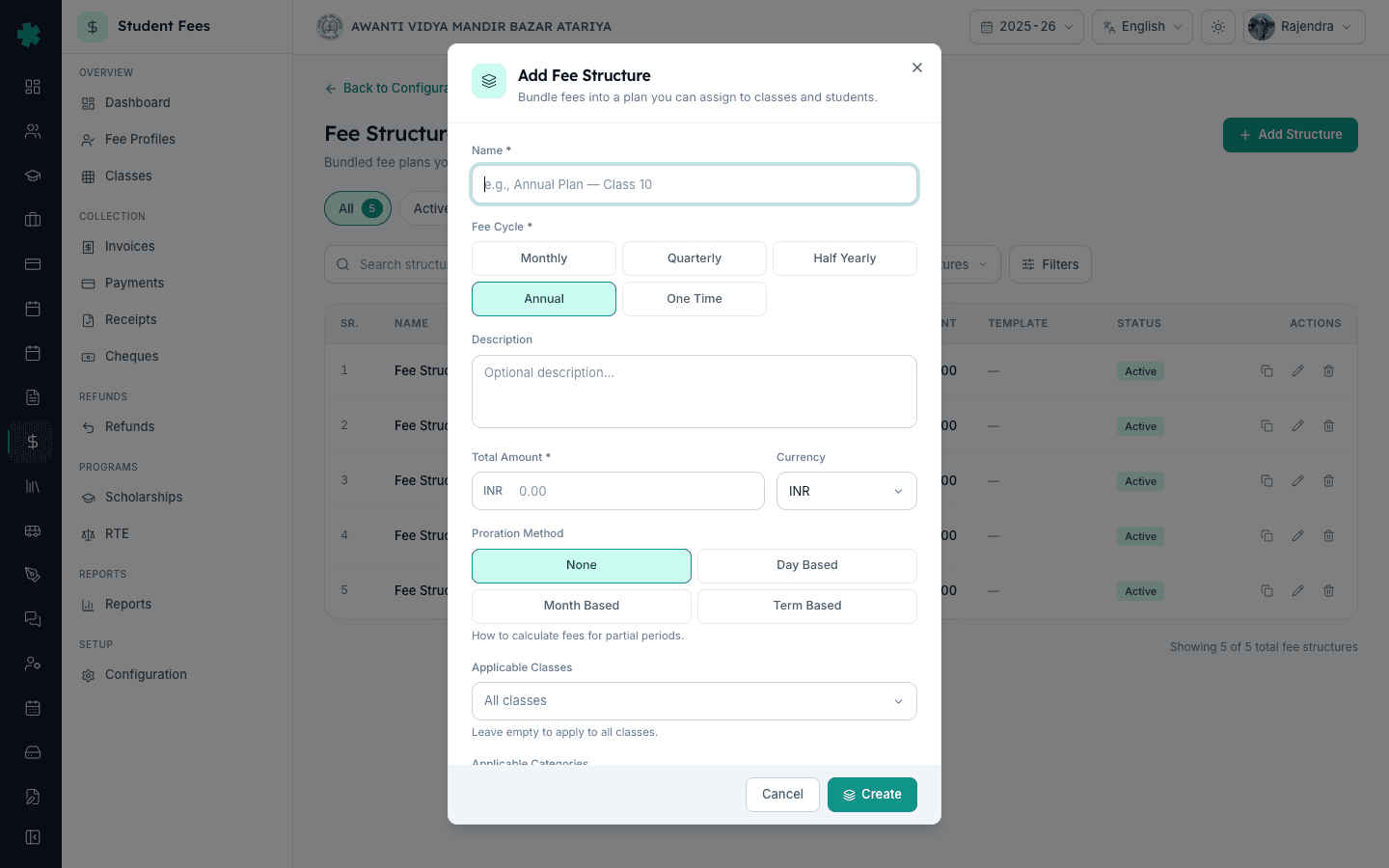 Add Fee Structure dialog in Inkwelly with Name, Fee Cycle, Total Amount and Applicable Classes fields
