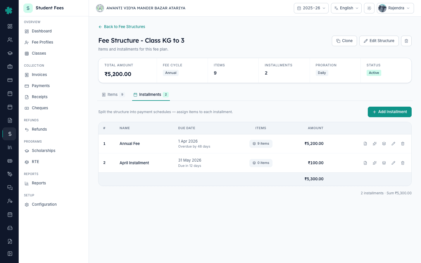 Fee structure detail page in Inkwelly with the Installments tab open showing dated chips and amounts