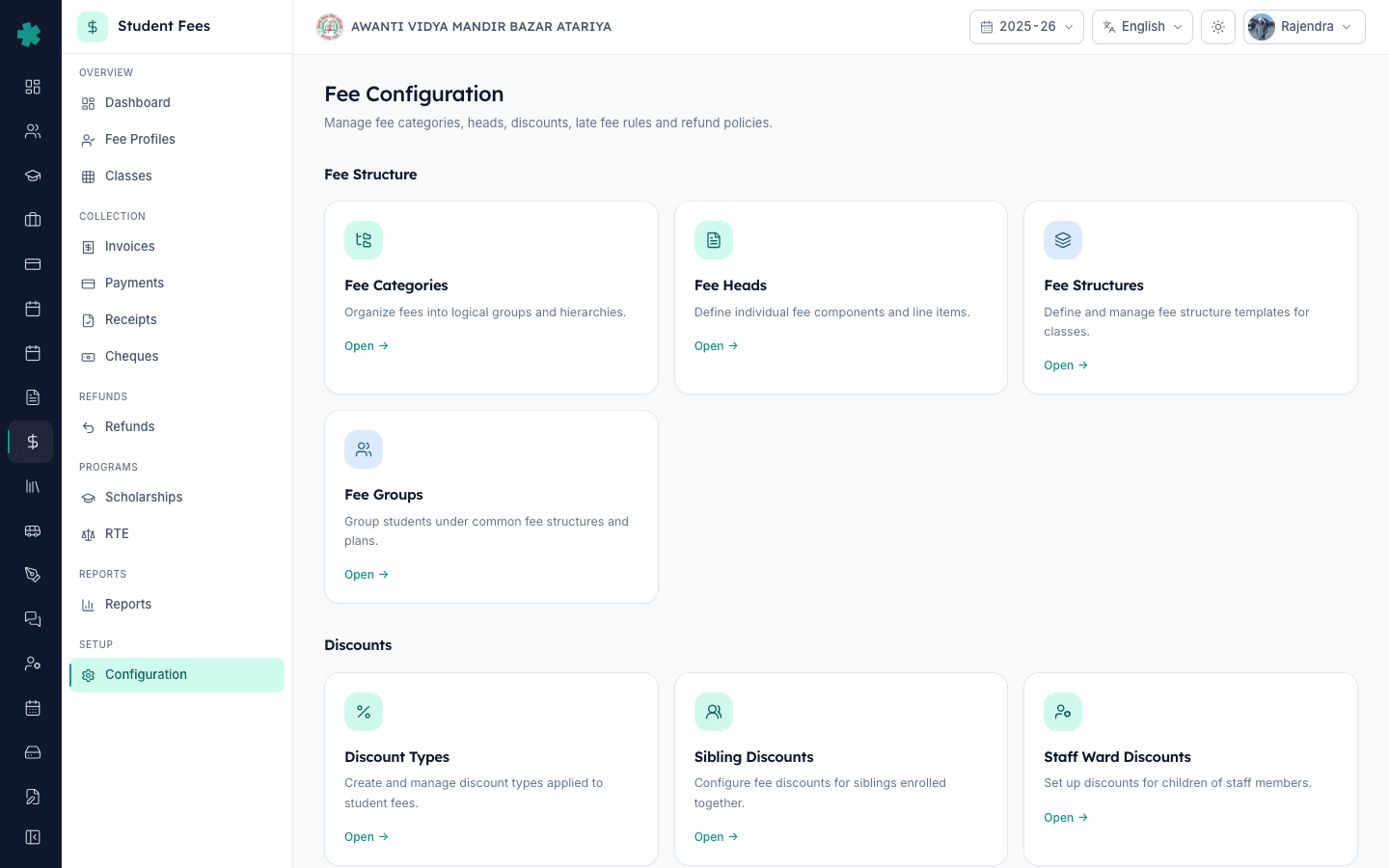 Inkwelly Fee Configuration page showing Fee Structure, Discounts, Penalties and Preferences tiles