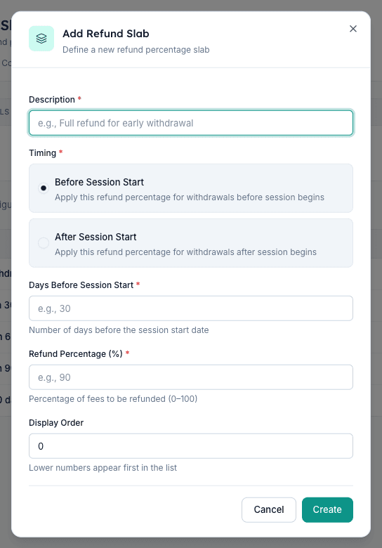 Add Refund Slab dialog in Inkwelly with Description Timing Before or After Session Start Days and Refund Percentage fields