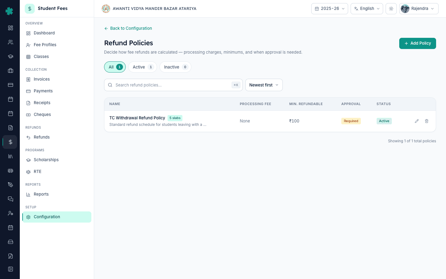 Inkwelly Refund Policies page showing TC Withdrawal Refund Policy with Active pill and slab summary