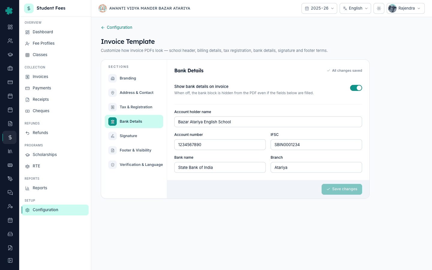 Bank Details section of the Inkwelly invoice template editor with account number IFSC bank name and visibility toggle