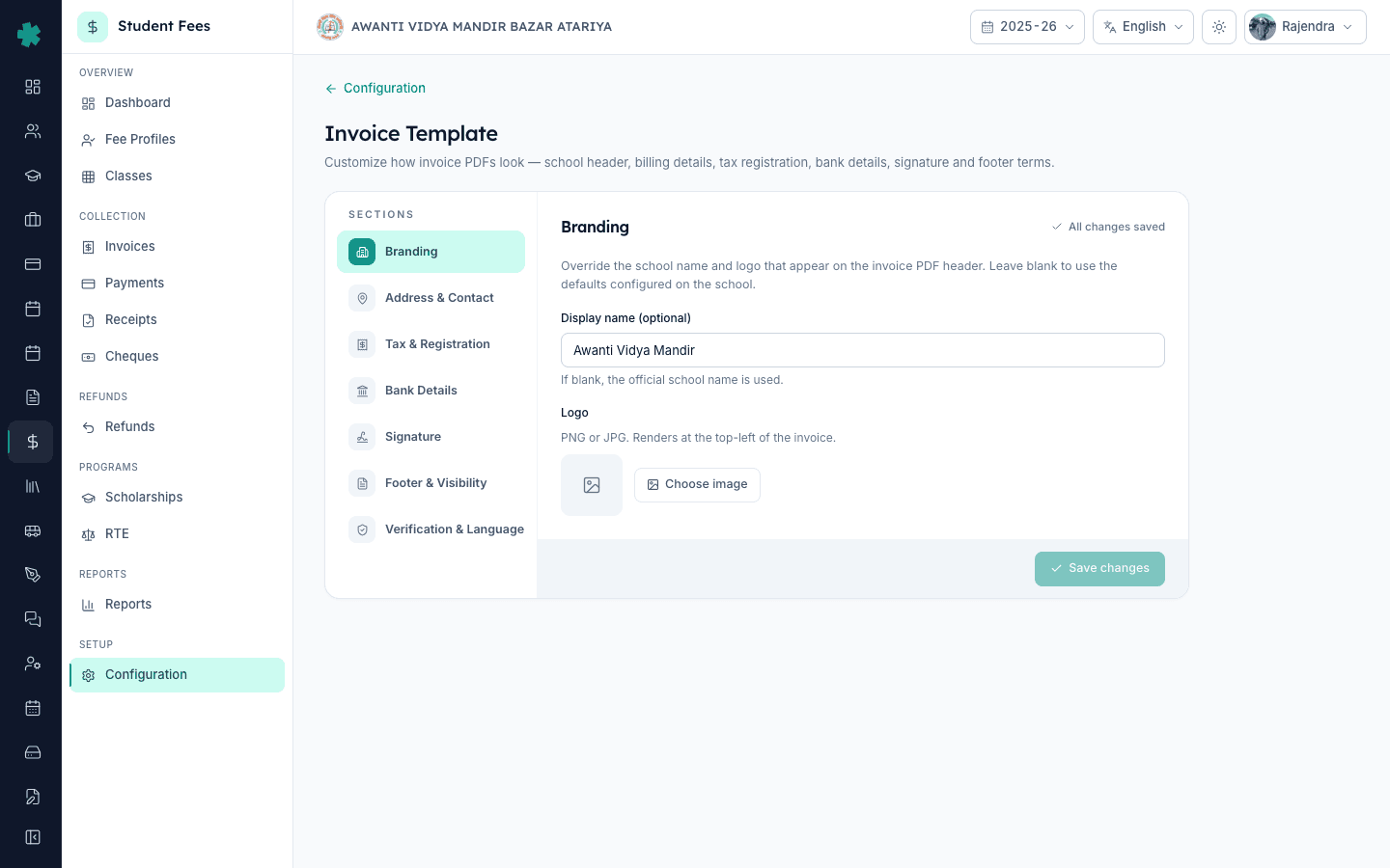 Inkwelly Invoice Template editor showing the seven section sidebar Branding through Verification and Language