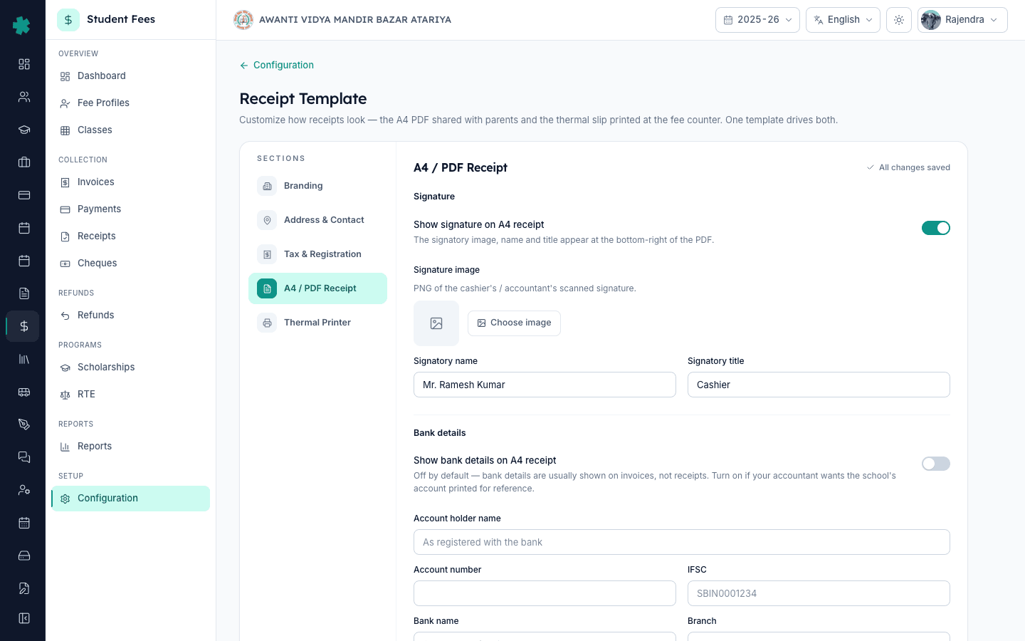 A4 PDF Receipt section in Inkwelly with Signature toggle Bank details and PDF visibility settings