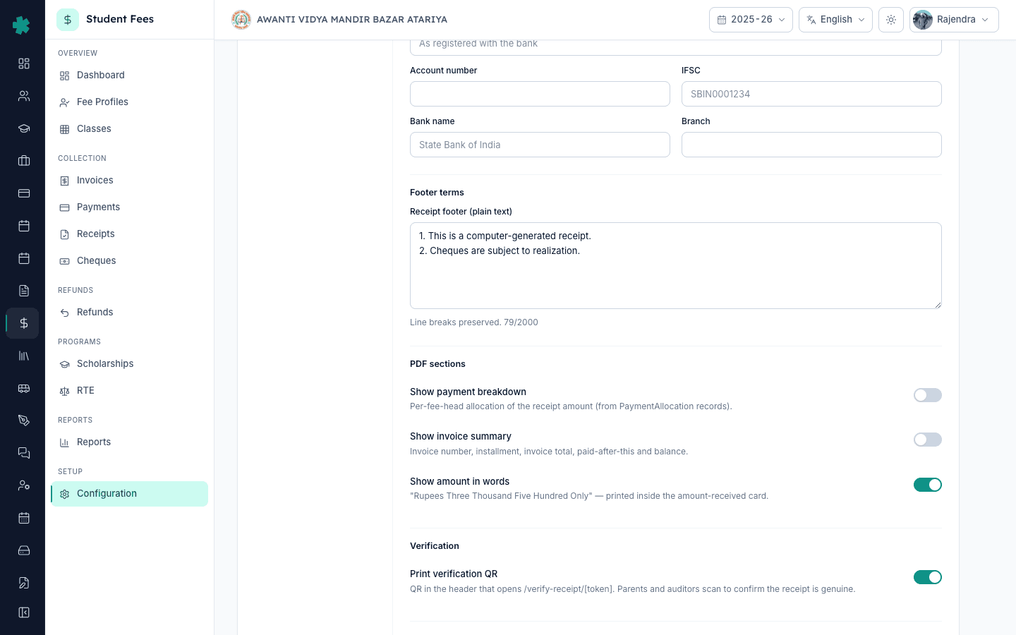 Footer terms textarea and Print verification QR toggle in Inkwelly A4 receipt template