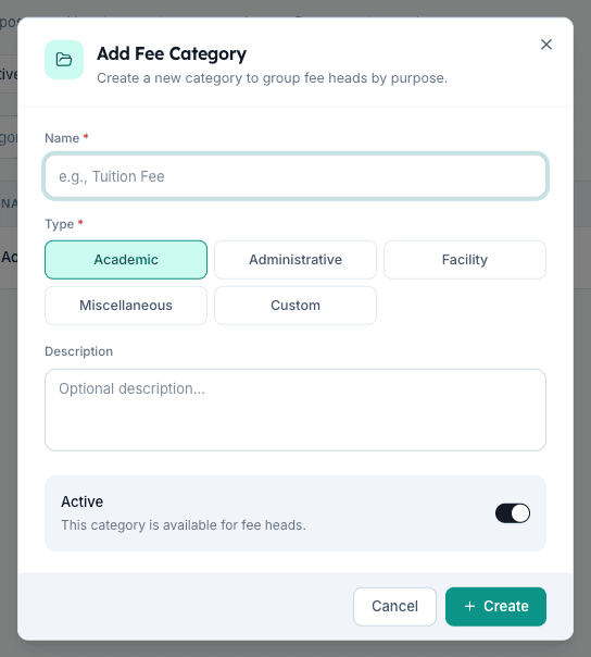 Add Fee Category dialog in Inkwelly with Name, Type chips, Description and Active toggle