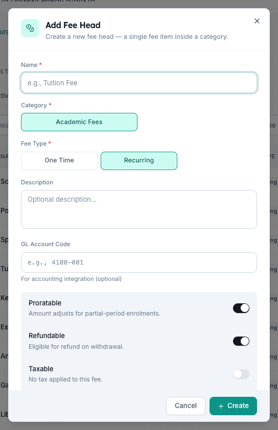 Add Fee Head dialog in Inkwelly with Category picker, Fee Type chips and Proratable Refundable Taxable flags