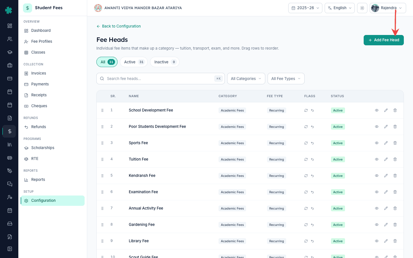 Fee Heads list page in Inkwelly with Add Fee Head button in the top right