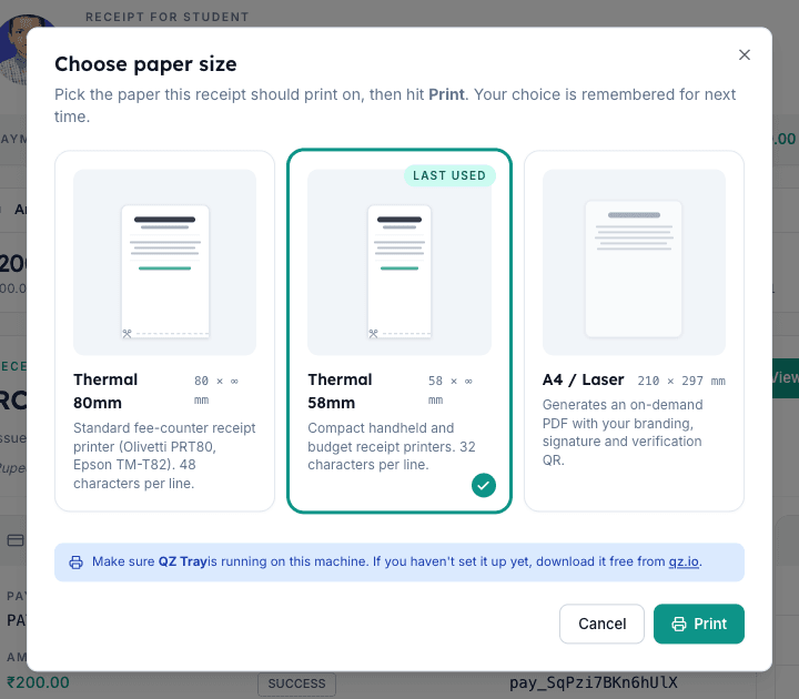Inkwelly Choose paper size dialog with Thermal 80mm Thermal 58mm and A4 Laser cards