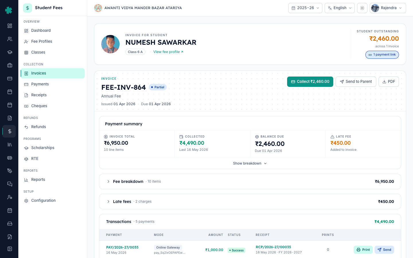 Invoice detail page header in Inkwelly showing Collect Send to Parent and PDF action buttons on the top right