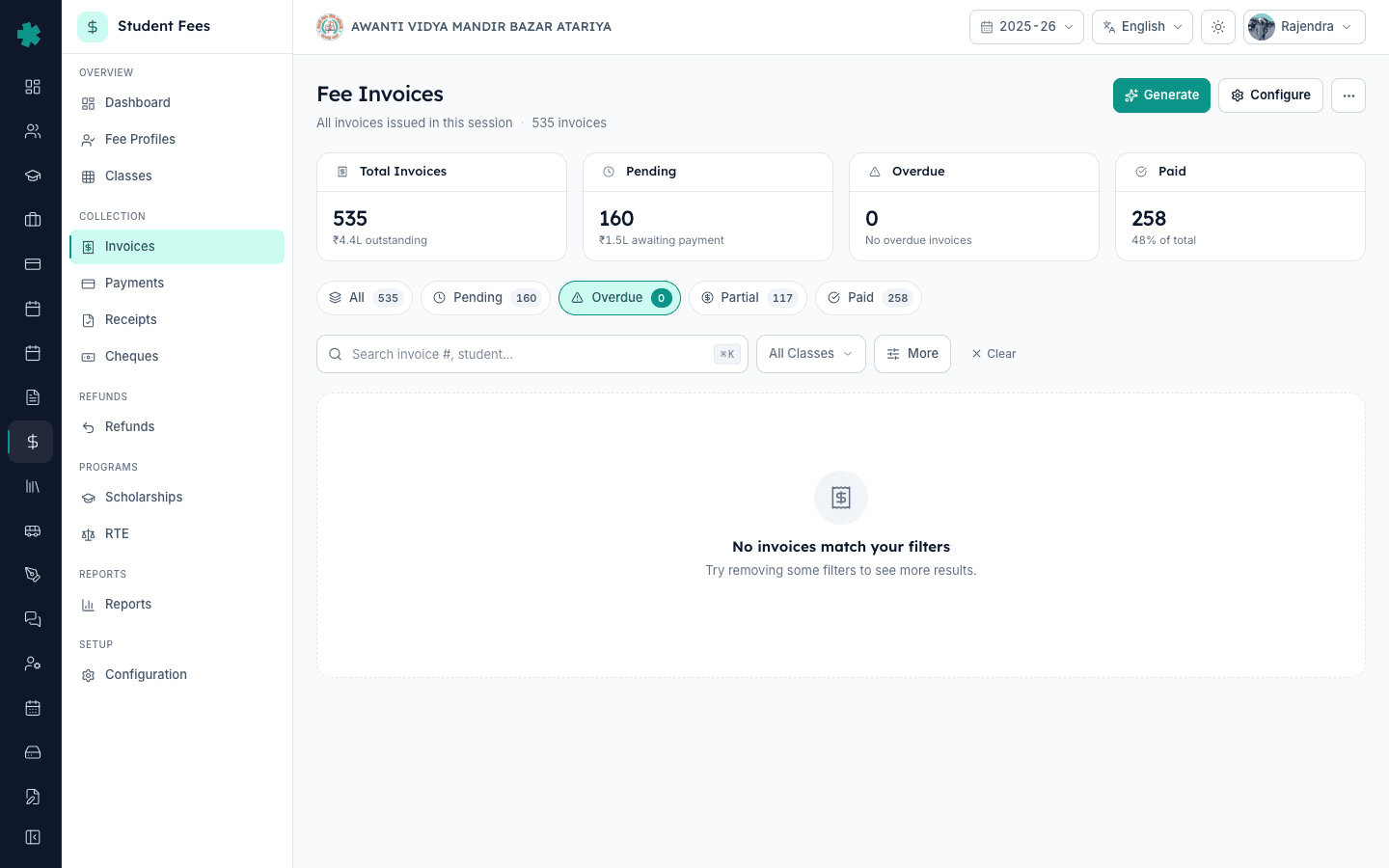 Invoices page in Inkwelly with Overdue tab selected showing KPI cards and inline status tabs