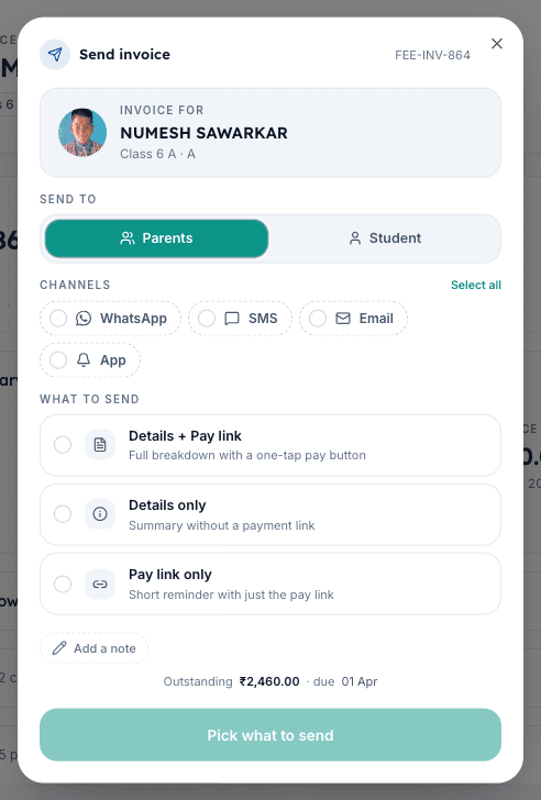 Send to Parent dialog in Inkwelly with WhatsApp SMS Email and App Push channel tiles and a Send CTA