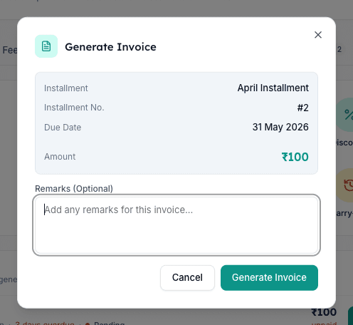 Generate Invoice dialog in Inkwelly showing installment name, number, due date, amount and remarks field
