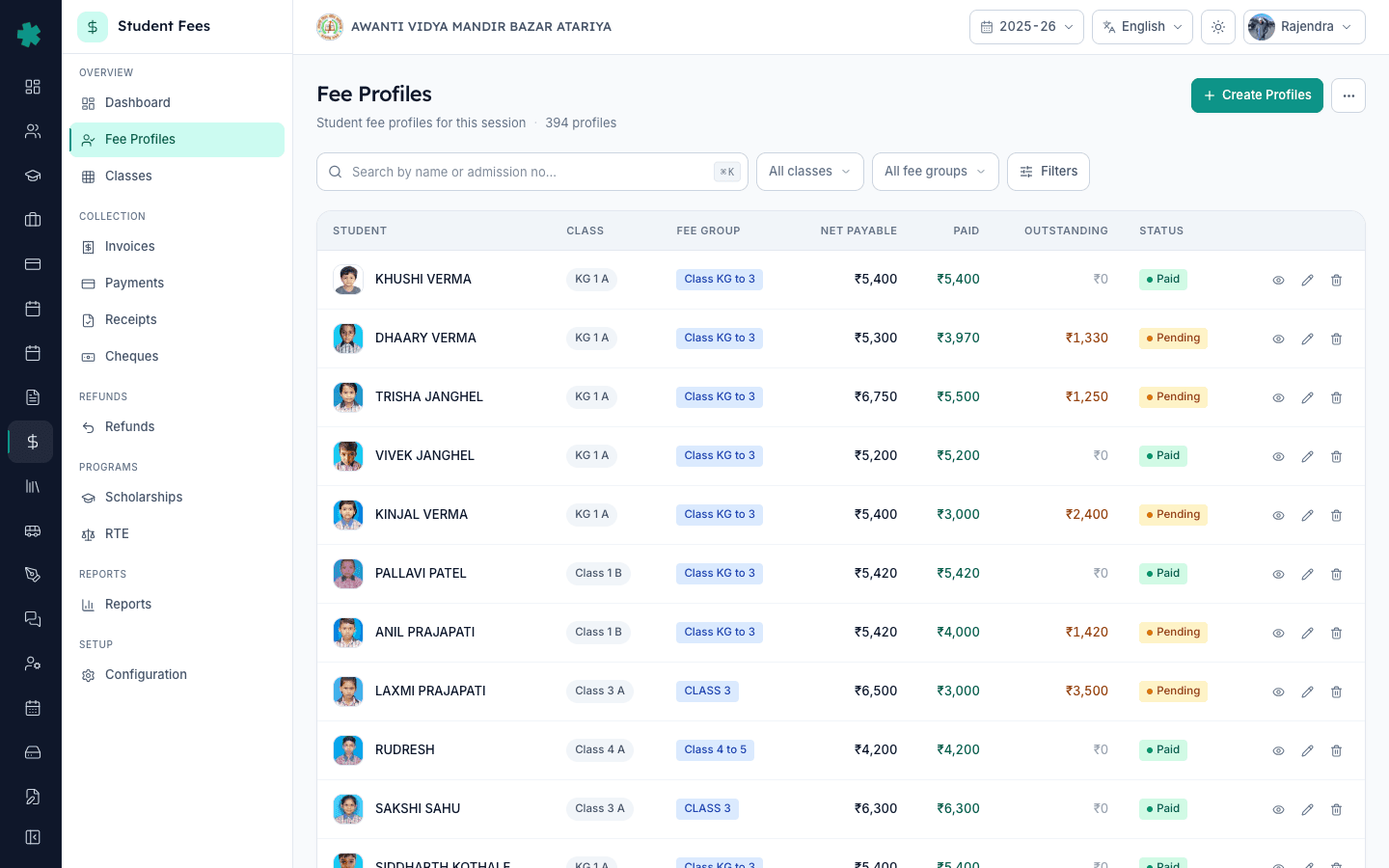 Inkwelly Fee Profiles list showing students with class, fee structure and outstanding amount columns