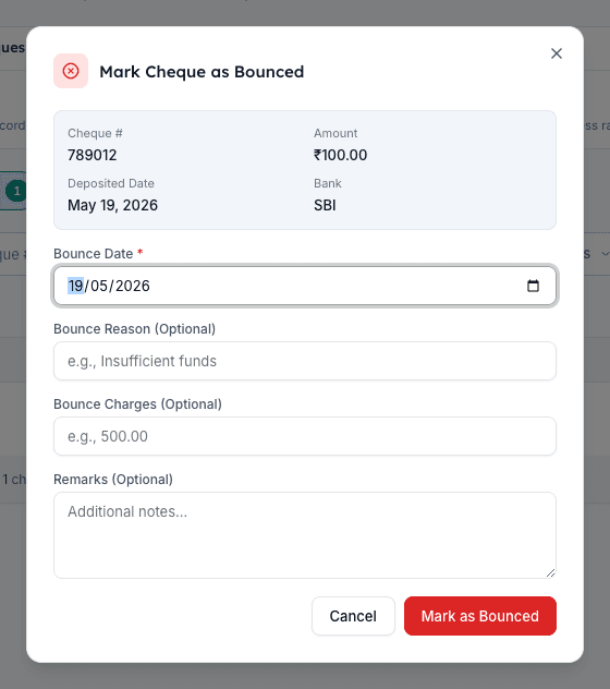 Mark Cheque as Bounced dialog in Inkwelly with bounce date reason and bounce charges fields