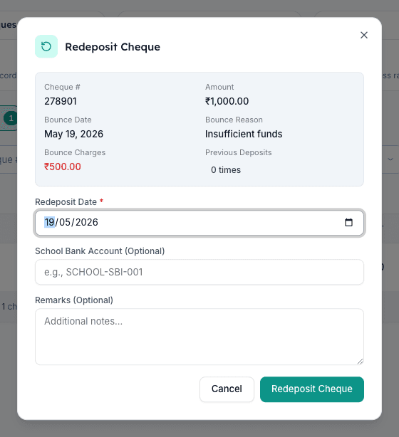 Redeposit Cheque dialog in Inkwelly with redeposit date and school bank account fields