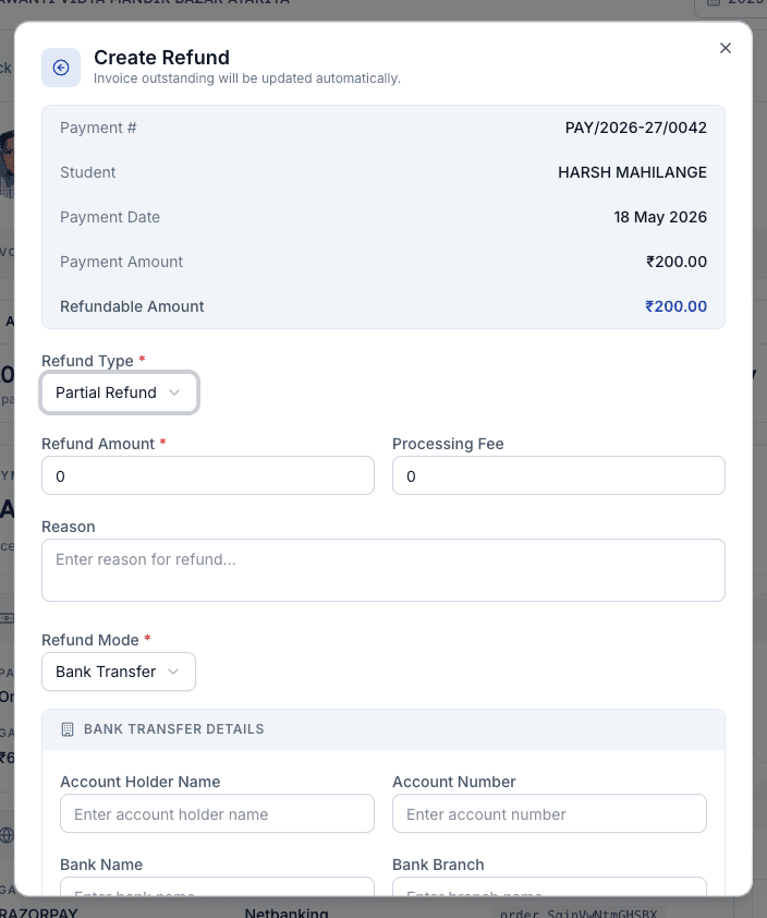 Create Refund dialog in Inkwelly showing Refund Mode picker and the Bank Transfer Details section with account fields