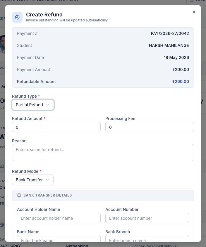 Create Refund dialog in Inkwelly with payment summary, Refund Type, Refund Amount and Processing Fee fields