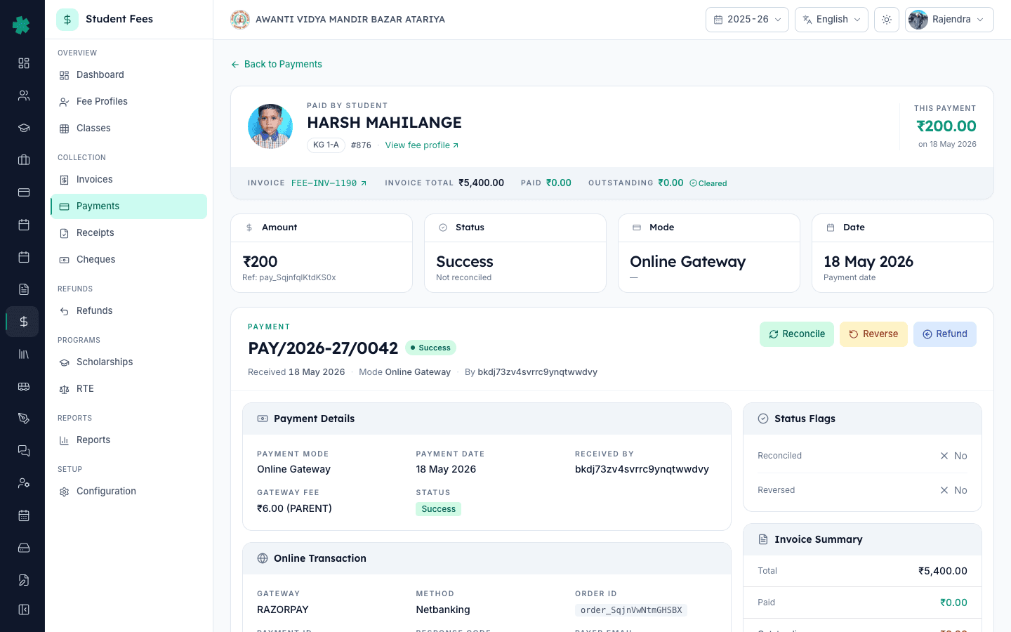 Payment Detail page in Inkwelly with the Refund button highlighted on the top right action bar
