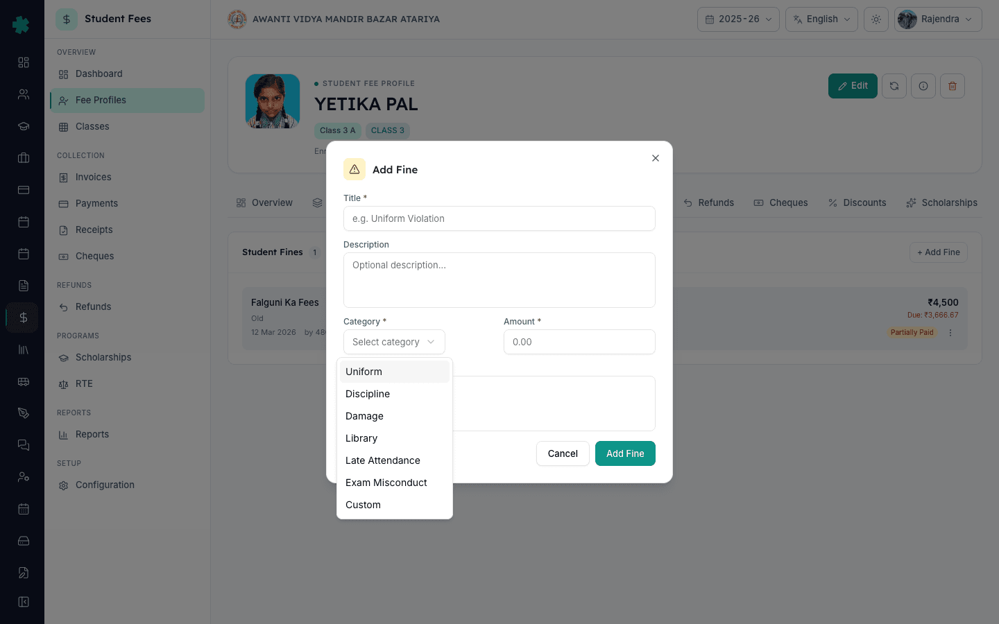 Add Fine dialog with the Category dropdown open showing Uniform Discipline Damage Library Late Attendance Exam Misconduct and Custom options