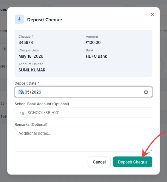 Deposit Cheque button highlighted at the bottom of the Deposit Cheque dialog in Inkwelly