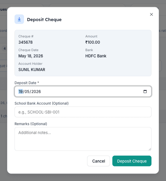 Deposit Cheque dialog in Inkwelly with deposit date, school bank account and remarks fields