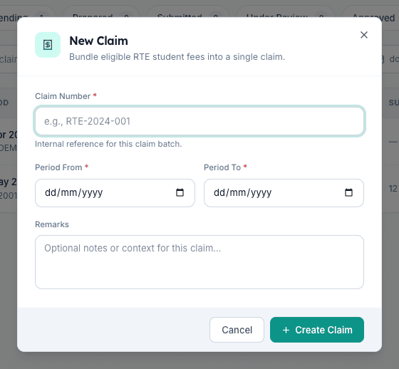 Inkwelly New Claim dialog with Claim Number, Period From, Period To and Remarks fields ready to fill