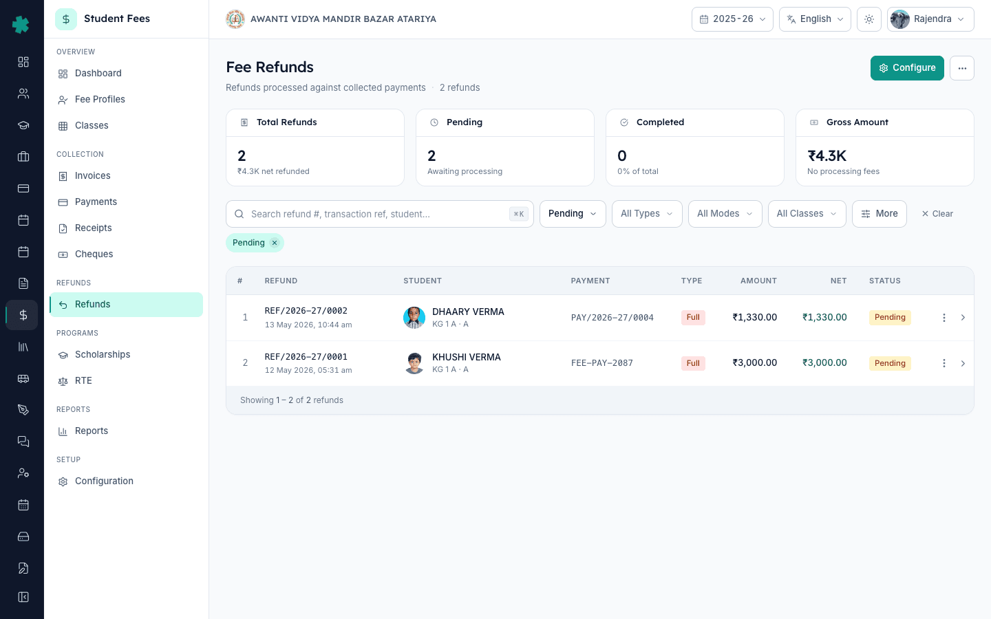 Inkwelly Refunds page with the Pending tab highlighted showing two refunds awaiting disbursement