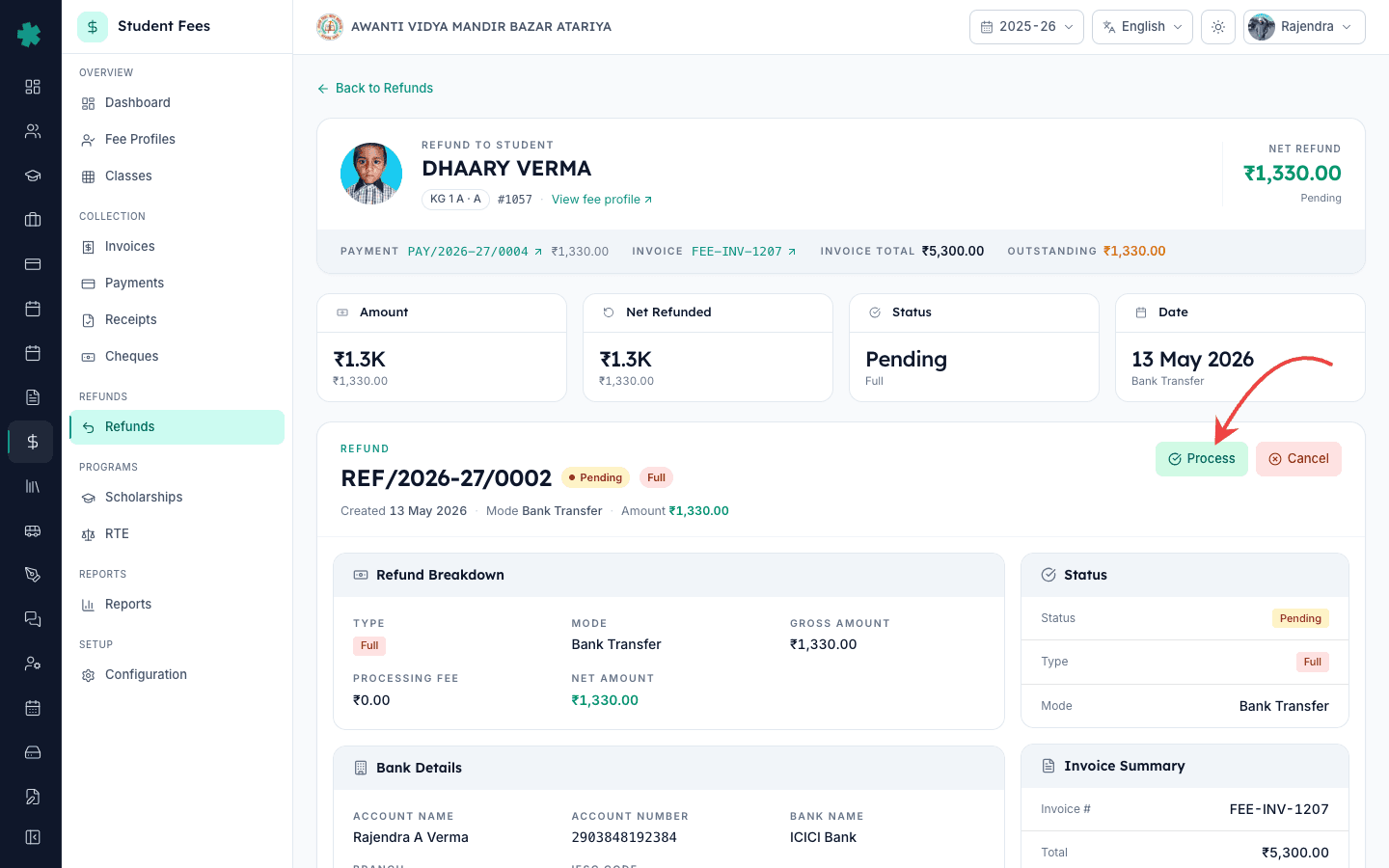 Refund detail page in Inkwelly with the green Process button highlighted on the top right of the refund header
