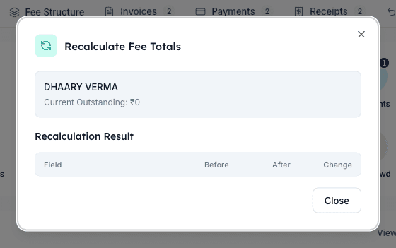 Recalculation Result table in Inkwelly showing Field, Before, After and Change columns per total