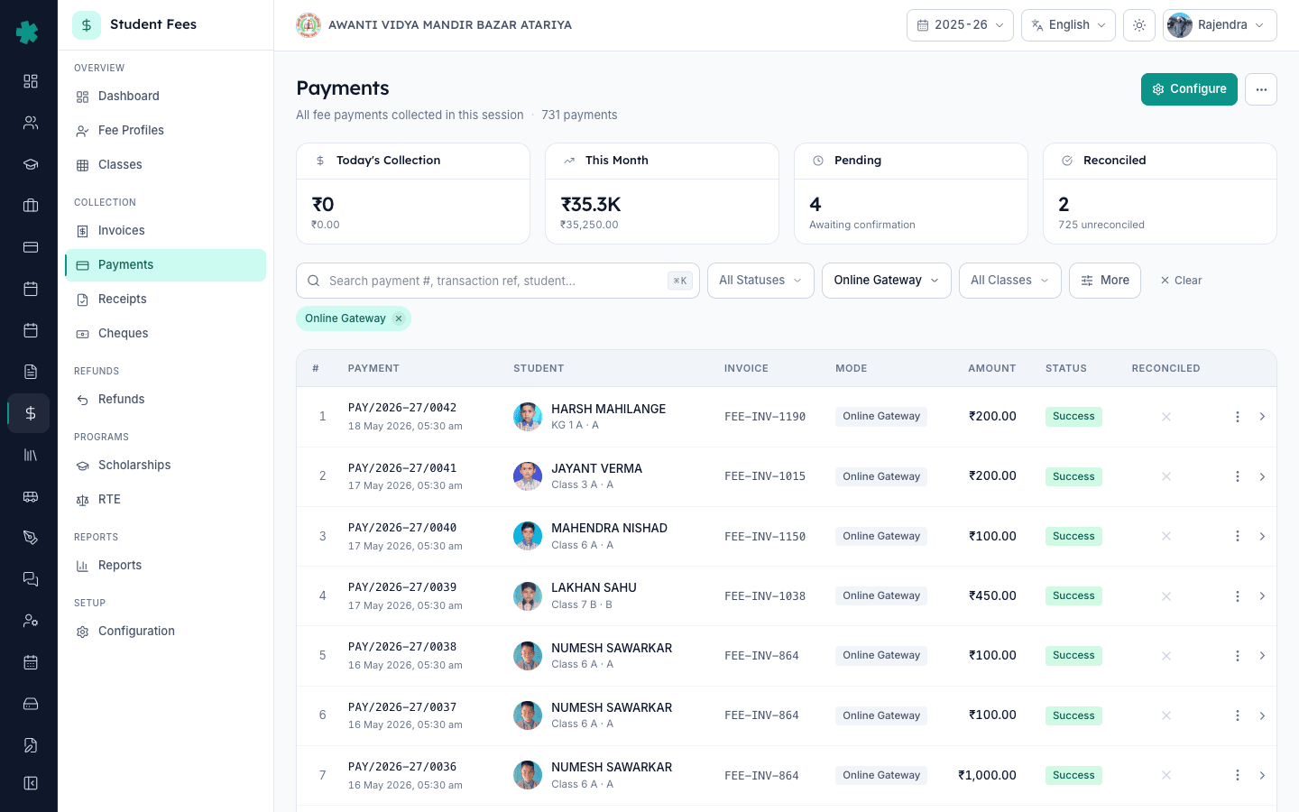 Payments page filtered to Online Gateway mode showing only Razorpay-collected payments