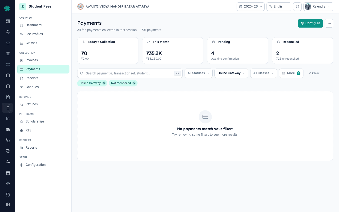 Payments page narrowed to unreconciled Online Gateway payments using Reconciled No filter