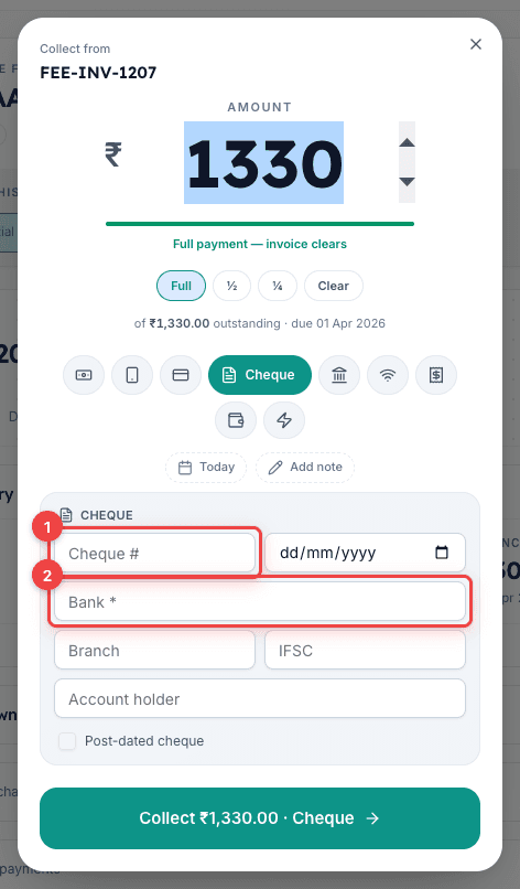 Inkwelly Cheque card revealed inside the Collect Payment dialog with Cheque number and Bank input fields highlighted