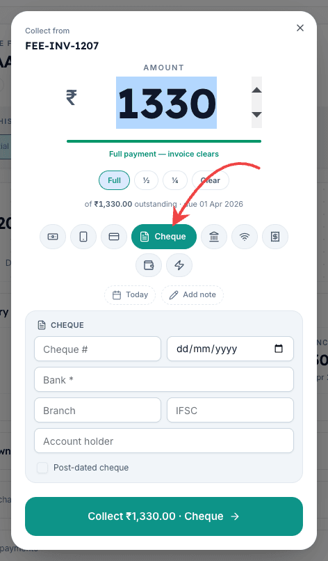 Inkwelly Collect Payment dialog with the Cheque mode chip selected showing the file-text icon and Cheque label