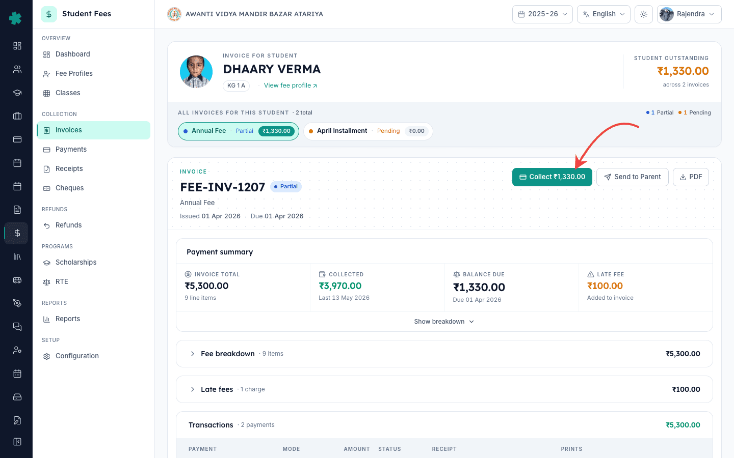 Inkwelly invoice detail page with the Collect button highlighted on the top right action cluster