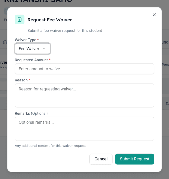 Request Fee Waiver dialog in Inkwelly with Waiver Type, Requested Amount, Reason and Remarks fields
