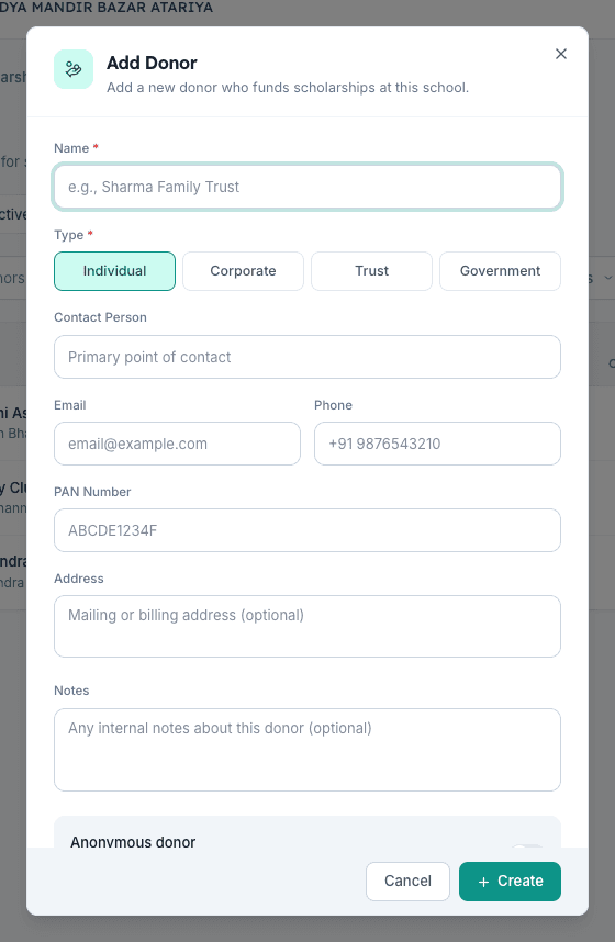 Add Donor dialog in Inkwelly with Name, Type pills (Individual, Corporate, Trust, Government), contact and PAN fields