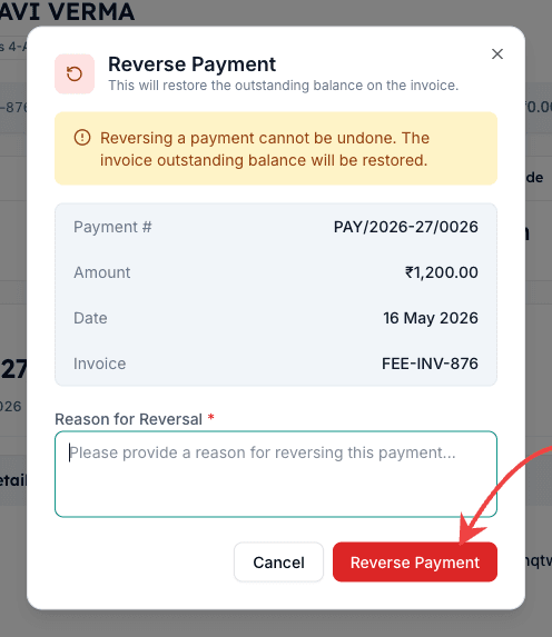 Reverse Payment dialog in Inkwelly with the red Reverse Payment confirm button at the bottom of the dialog