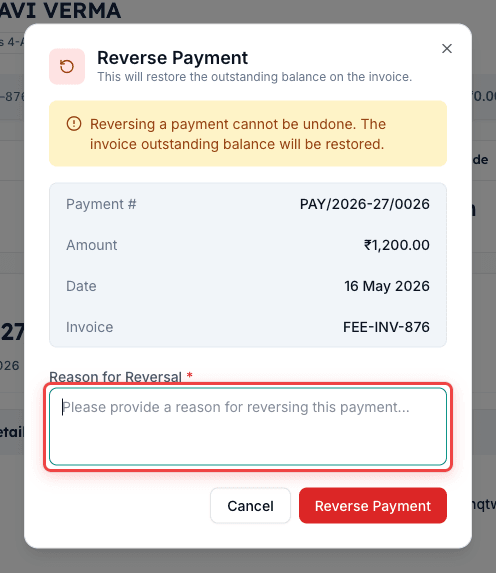 Reverse Payment dialog in Inkwelly with the reversal reason textarea highlighted for a clear explanation