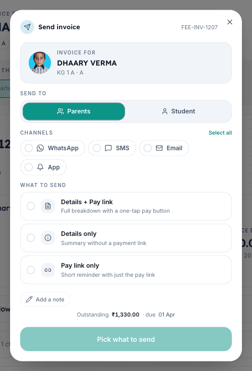 Inkwelly Send invoice dialog showing the student card, Send to toggle and Channels strip with WhatsApp, SMS, Email and App Push chips