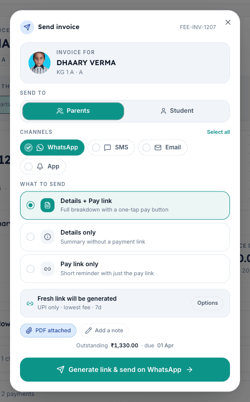 Inkwelly Send invoice dialog with Details and Pay link selected, showing the UPI pay link options panel