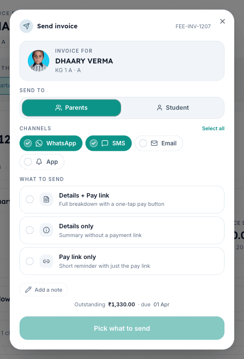 Inkwelly Send invoice dialog with WhatsApp and SMS channels selected as active chips
