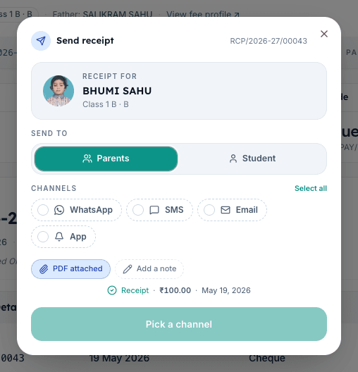 Inkwelly Send receipt dialog with student card, Parents or Student toggle, and WhatsApp, SMS, Email and App channel chips