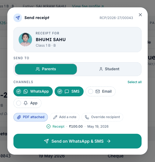 Send receipt dialog in Inkwelly with WhatsApp and SMS channels ticked and the Send on WhatsApp and SMS confirmation button