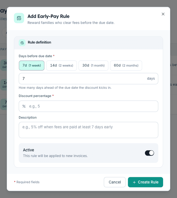 Add Early-Pay Rule dialog in Inkwelly showing 7d, 14d, 30d, 60d quick-pick chips for days before due date