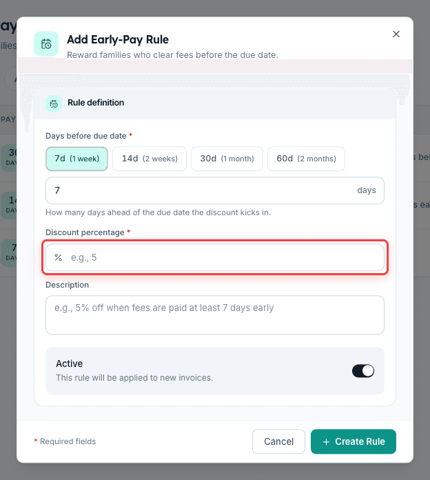 Add Early-Pay Rule dialog with Discount percentage field highlighted, showing percent icon and value input